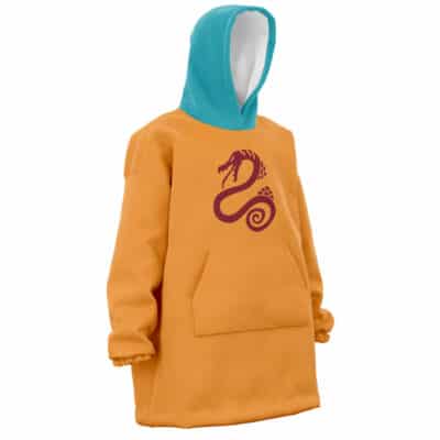 The Rudeus Greyrat Cosplay Mushoku Tensei Oversized Blanket Hoodie features an orange body, large front pocket, teal hood, and a maroon dragon design on the chest, shown on a plain mannequin.