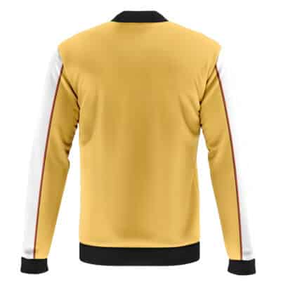 The Riyo Reaper Cosplay Gachiakuta Bomber Jacket features a yellow back, white sleeves with thin red stripes, black cuffs, a black collar, and a black waistband.