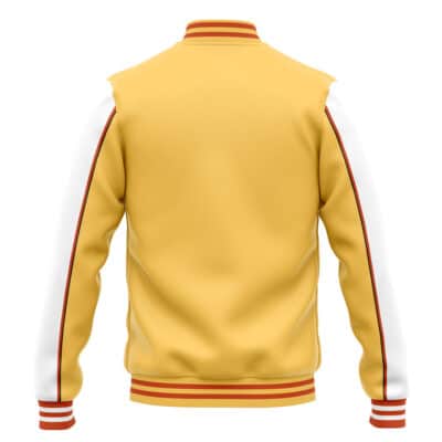 Back view of the Riyo Reaper Cosplay Gachiakuta Varsity Jacket, featuring yellow body, white sleeves, red and white striped cuffs, collar, waistband, and red sleeve stripes.
