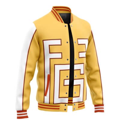 The Riyo Reaper Cosplay Gachiakuta Varsity Jacket (Copy) features yellow fabric, white sleeves, red stripes on the collar, cuffs, and hem, bold red and white FG letters on the front, snap buttons, and a black inner lining.