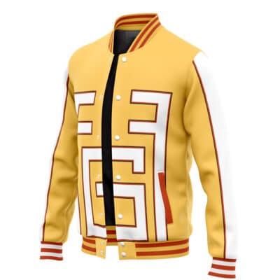 The Riyo Reaper Cosplay Gachiakuta Varsity Jacket (Copy) is yellow and white with red accents, bold geometric patterns, a button-up front, striped collar, cuffs, hem, and an abstract design on the front.