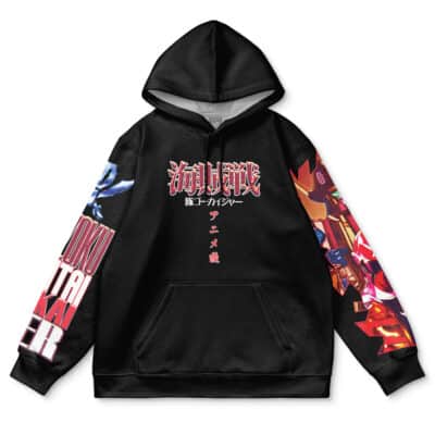 Samurai Sentai Shinkenger Streetwear Hoodie featuring anime graphics on the sleeves and Japanese text on the chest.