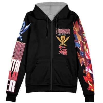 The Samurai Sentai Shinkenger Streetwear Zip Hoodie Jacket is a black zip-up hoodie with vibrant anime-style robot graphics on the sleeves, bold Japanese text and symbols on the front and left arm, and a light gray hood lining.