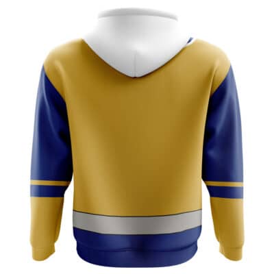 The Shinken Red Cosplay Samurai Sentai Shinkenger Hoodie features gold on the main body, blue sleeves with gold stripes near the elbows, a white hood, and a gray stripe near the waist; shown from the back.