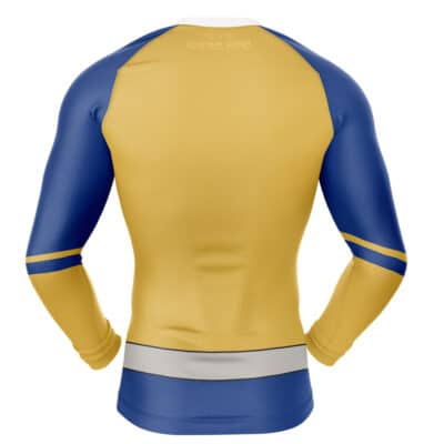 The Shinken Red Cosplay Samurai Sentai Shinkenger Long Sleeve Rash Guard Compression Shirt features a yellow back, blue sleeves and shoulder panels, plus white and black horizontal stripes near the waist.