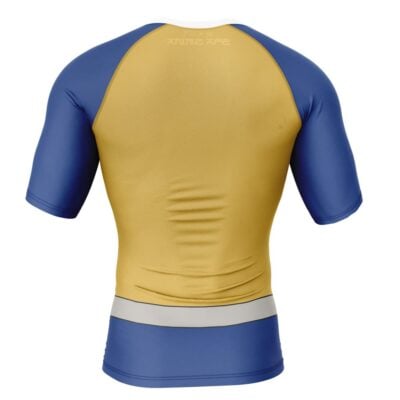 The Shinken Red Cosplay Samurai Sentai Shinkenger Short Sleeve Rash Guard Compression Shirt (Copy) features a yellow upper back, blue sleeves and lower back, with a gray horizontal stripe near the waist.