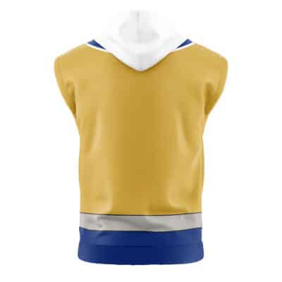 The Shinken Red Cosplay Samurai Sentai Shinkenger Sleeveless Hoodie is shown from the back, with a yellow body, white hood, and horizontal blue and gray stripes on the lower hem.
