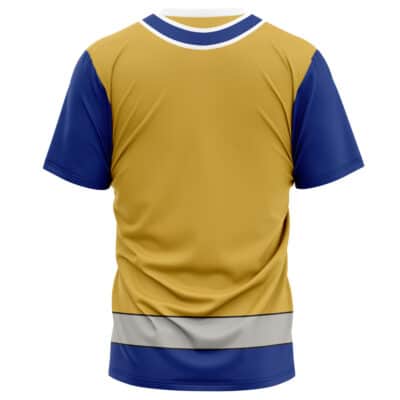 The Shinken Red Cosplay Samurai Sentai Shinkenger T-Shirt (Copy) is a short-sleeved sports jersey seen from the back, with a gold body, blue sleeves, white collar accents, and a horizontal white and gray stripe near the bottom.
