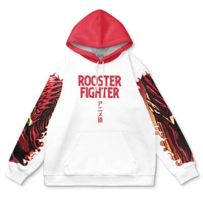 The Mirko My Hero Academia Streetwear Hoodie is a white hoodie with a red hood, bold red "ROOSTER FIGHTER" lettering, Japanese text on the front, and detailed rooster wing designs on both sleeves.