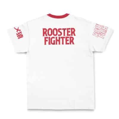 The Mirko My Hero Academia Streetwear T-Shirt is a white tee with red trim, bold red "ROOSTER FIGHTER" text on the back, and red Japanese and English text printed on both sleeves.
