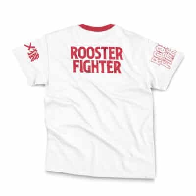 The Mirko My Hero Academia Streetwear T-Shirt is a white tee with red trim, bold ROOSTER FIGHTER text on the back, matching text on the right sleeve, and red Japanese characters on the left sleeve.