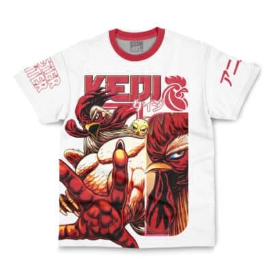 The Mirko My Hero Academia Streetwear T-Shirt (Copy) is a white tee with red trim, dynamic comic-style rooster art, bold Japanese text, and eye-catching graphics on the front, sleeves, and collar.