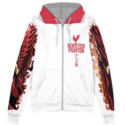 The Mirko My Hero Academia Streetwear Zip Hoodie Jacket features a white zip-up design with red hood and cuffs, rooster graphics on the chest, fiery rooster wing sleeve designs, and Japanese text under the main logo.