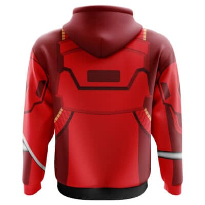 The Gokai Red Cosplay Kaizoku Sentai Gokaiger Hoodie features a red and black design inspired by Gokai Red's armor, with detailed graphics of mechanical parts and panels.