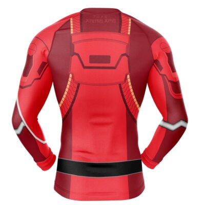 Gokai Red Cosplay Kaizoku Sentai Gokaiger Long Sleeve Rash Guard Compression Shirt shown from the back with red, black, and gold armored-suit-inspired graphics on the shoulders, arms, and back.