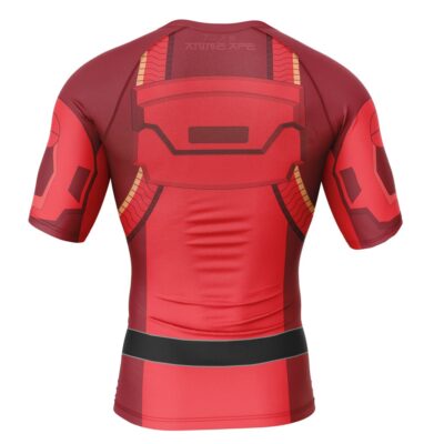 A short-sleeved compression shirt inspired by Gokai Red from Kaizoku Sentai Gokaiger, shown from the back. Features black, gold, and red patterns resembling mechanical armor plating for a cosplay look.