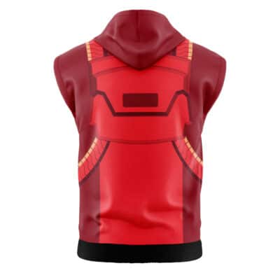 The image shows the back view of the Gokai Red Cosplay Kaizoku Sentai Gokaiger Sleeveless Hoodie, a red hooded top with printed armor design and black and orange accents.