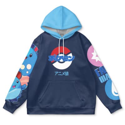 The Raichu Pokemon Streetwear Hoodie (Copy) is a blue and light blue hoodie featuring Pokémon graphics, Poké Balls, Japanese text, and cartoon Pokémon characters on the sleeves and front.