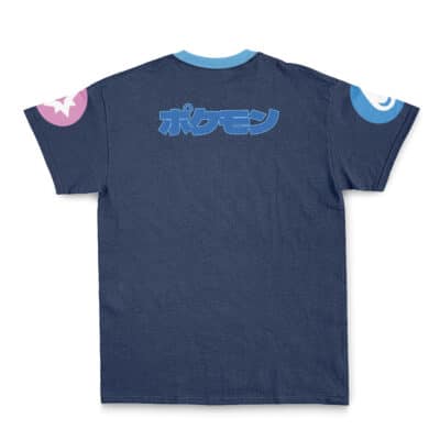The Raichu Pokémon Streetwear T-Shirt features navy blue fabric with blue Japanese katakana "Pokémon" on the back and pink, white, and blue symbols near the shoulders.