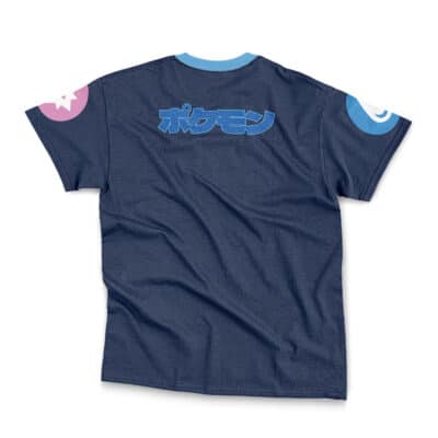 The Raichu Pokemon Streetwear T-Shirt (Copy) is a navy blue tee with light blue collar and sleeve cuffs. Pokémon is written in Japanese on the back, and the sleeves feature pink and blue circular designs.