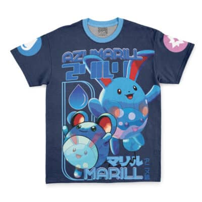 A navy blue T-shirt featuring bold graphics of Raichu, its name in English and Japanese, plus stylish electric motifs.
