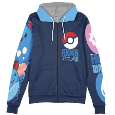 The Raichu Pokemon Streetwear Zip Hoodie Jacket is a blue zip-up hoodie with Pokémon graphics, including a Pokéball, Japanese text, cartoon characters on the left sleeve, and "FANTASY WORLD" with a star on the right sleeve.