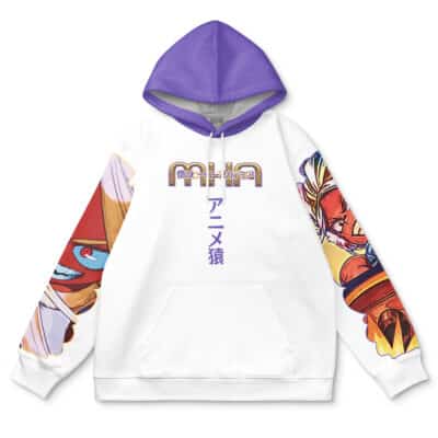 The Xylo Forbartz Sentenced to be a Hero Streetwear Hoodie features a white base, purple hood, bold anime-style sleeve art, Japanese characters and stylized text on the chest, plus vibrant designs along the arms.