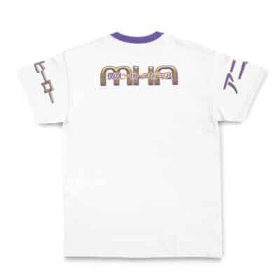 The Xylo Forbartz Sentenced to be a Hero Streetwear T-Shirt features a white base with purple collar, bold gold and purple MHA text and Japanese characters on the back, plus matching Japanese lettering on both sleeves.