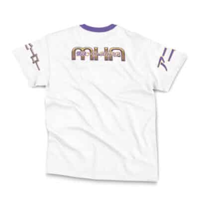The Xylo Forbartz Sentenced to be a Hero Streetwear T-Shirt features a white base, purple collar, and Japanese text in purple and gold across the upper back and on each sleeve.