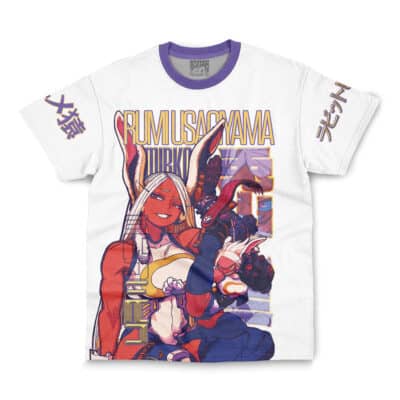 The Xylo Forbartz Sentenced to be a Hero Streetwear T-Shirt (Copy) is a white tee with purple trim, showcasing vibrant anime art of a muscular, red-skinned female with rabbit ears and long hair. Japanese text accents sleeves and artwork.