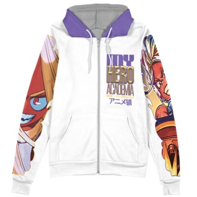 The Xylo Forbartz Sentenced to be a Hero Streetwear Zip Hoodie Jacket is a white zip-up hoodie with a purple hood, gray lining, My Hero Academia text on the chest, and bold anime character illustrations on both sleeves.