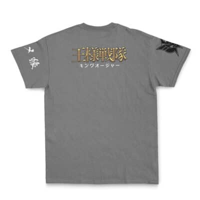 The Kaizoku Sentai Gokaiger Streetwear T-Shirt (Copy) features gold and white Japanese characters on the back, Japanese text on both sleeves, and a black graphic on the upper right sleeve. Shown laid flat with the back facing up.