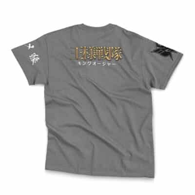 The Kaizoku Sentai Gokaiger Streetwear T-Shirt (Copy) is a gray tee seen from the back, with gold and white Japanese kanji and katakana across the upper back, white graphics on the right sleeve, and a large black star on the left sleeve.