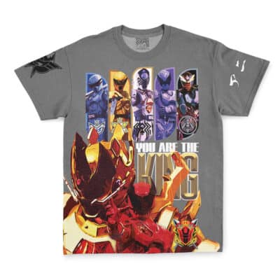 The Kaizoku Sentai Gokaiger Streetwear T-Shirt (Copy) is a gray tee showcasing six rangers in vertical panels above bold "YOU ARE THE KING" text, with a gold and red armored ranger in front and ranger symbols on the sleeves.