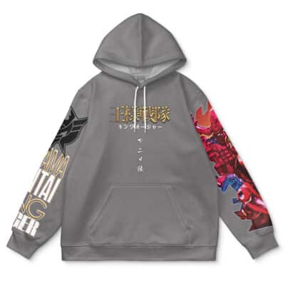 The Kaizoku Sentai Gokaiger Streetwear Hoodie features bold Japanese text and gold English letters on the gray front, a black emblem on the left sleeve, and vibrant red and pink robot artwork on the right sleeve.