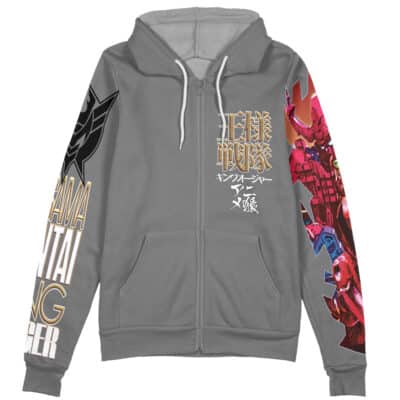 The Kaizoku Sentai Gokaiger Streetwear Zip Hoodie Jacket (Copy) is a gray zip-up hoodie with Japanese kanji, stylized English text, white drawstrings, a front pocket, and vibrant red and pink robot art on the right sleeve.