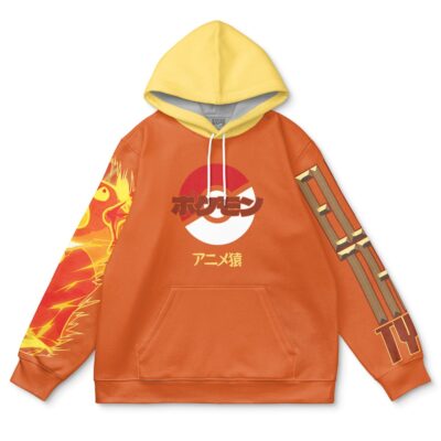 The Keiji Rooster Fighter Streetwear Hoodie (Copy) features an orange body, yellow hood, Poké Ball graphic with Japanese text on the front, and sleeve designs including a fiery rooster character and stylized brown/yellow shapes.