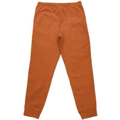The Keiji Rooster Fighter Streetwear Sweatpants in orange feature an elastic waistband and cuffs, displayed flat on a white background.