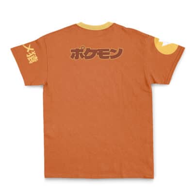 The Keiji Rooster Fighter Streetwear T-Shirt (Copy) features a rust orange color, Japanese text and bold Pokémon lettering on the back, a yellow collar, cream sleeve text, and yellow and white half-circle detail on the other sleeve.