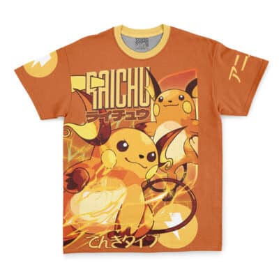 An orange Keiji Rooster Fighter Streetwear T-Shirt featuring large, dynamic illustrations of Raichu, Japanese text, and yellow and white electric-themed designs.