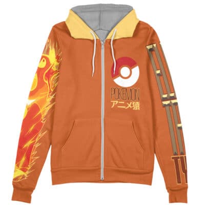 The Keiji Rooster Fighter Streetwear Zip Hoodie Jacket (Copy) is an orange zip-up hoodie with a yellow hood lining, featuring a logo and Japanese text on the front, a stylized character on the left sleeve, and a brown-and-gold graphic on the right sleeve.