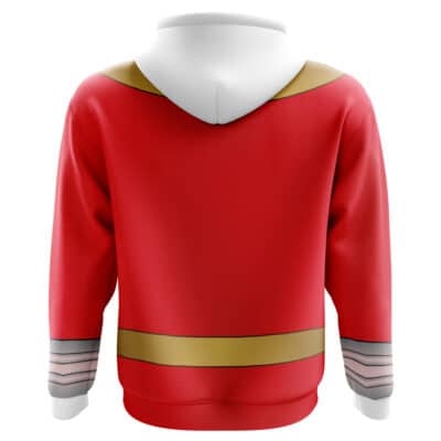 The Shinken Gold Cosplay Samurai Sentai Shinkenger Hoodie (Copy) is a red hoodie with a white hood, gold horizontal stripes on the back and sleeves, and gray segmented patterns near the cuffs on the lower sleeves.