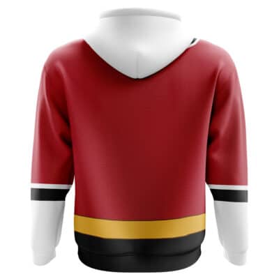 The Diasomnia Twisted Wonderland Disney Hoodie (Copy) is shown from the back with a red body, white hood and sleeves, black and white striped cuffs, and a yellow stripe above the black waistband.