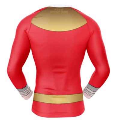 The Shinken Gold Cosplay Samurai Sentai Shinkenger Long Sleeve Rash Guard Compression Shirt features a red body, gold shoulder and lower back accents, and gray-striped cuffs, displayed from the back.