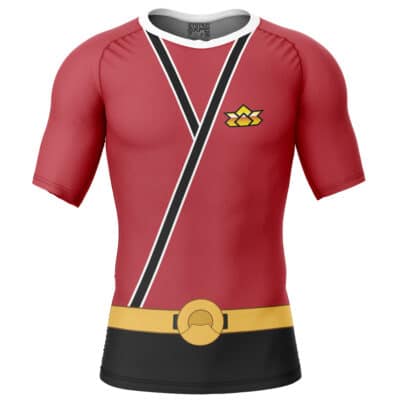 The Shinken Red Cosplay Samurai Sentai Shinkenger Long Sleeve Rash Guard Compression Shirt features a superhero-inspired red body, black and white stripes, a yellow and black waistband, and a chest emblem with three yellow shapes.