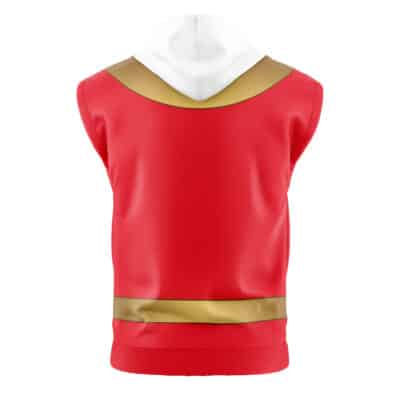 The Shinken Gold Cosplay Samurai Sentai Shinkenger Sleeveless Hoodie is displayed from the back, featuring a red design with gold bands at the shoulders and waist and a white hood, set against a white background.