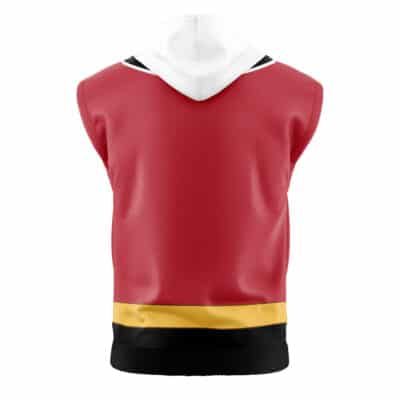 The Toriko Cosplay Toriko Sleeveless Hoodie (Copy) has a red body, white hood, and wide black and yellow stripes along the bottom hem when viewed from the back.