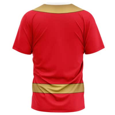 The Shinken Gold Cosplay Samurai Sentai Shinkenger T-Shirt (Copy) is a red short-sleeve jersey with a thick gold horizontal stripe near the bottom and a matching gold panel across the upper back and shoulders.