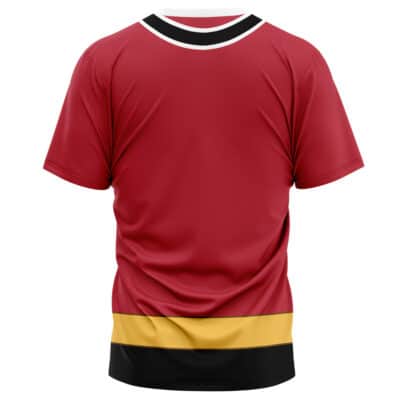 The Joey Wheeler Cosplay Yugioh T-Shirt (Copy) is a red short-sleeve jersey with a white and black collar, plus a wide yellow stripe above a black band at the bottom hem, shown from the back.
