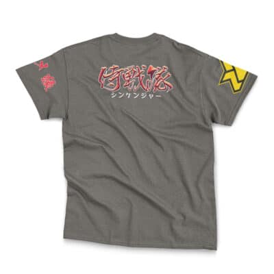Marill x Azumarill Pokémon Streetwear T-Shirt featuring bold red and white Japanese characters with Shinkenger text on the back, red sleeve symbols, and a large yellow geometric design on the right sleeve.